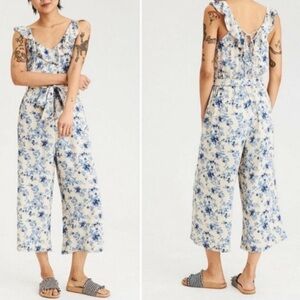 American Eagle Jumpsuit Small Blue Cream Floral Sleeveless Wide Leg Coquette